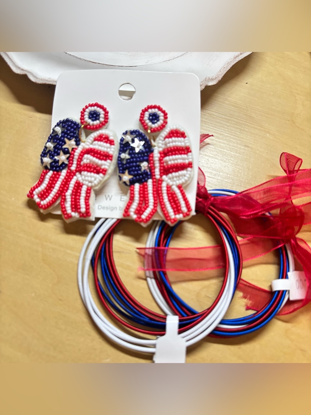 Patriotic Red White Blue Beaded Bow Earrings and Bangle Sets